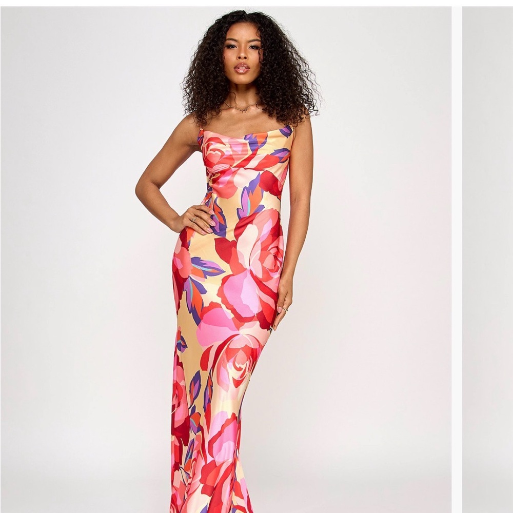 Vibrant Floral Maxi Dress silk satin smooth open back sleek design cowlneck